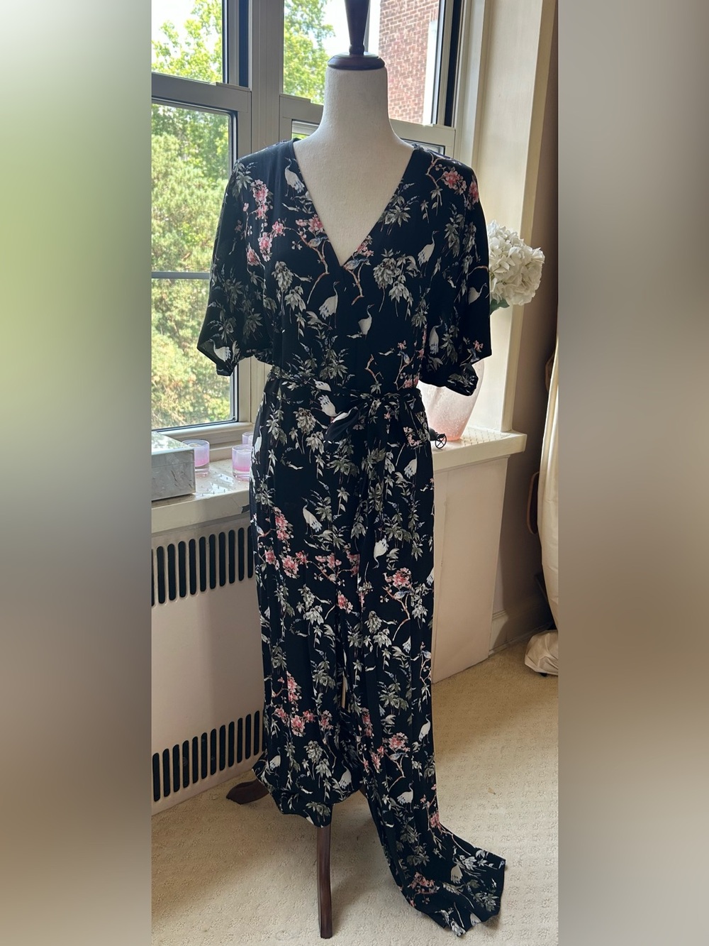 Banana Republic Black Floral Wrap Jumpsuit with Tie Waist